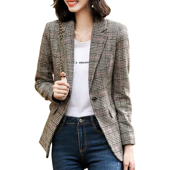 Ebossy Blazer Women Grey Notch Lapel 2 Button Suit Houndstooth Plaid Jacket Coat - Picture 1 of 6